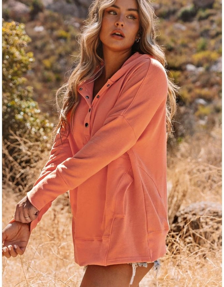 Orange Batwing Sleeve Pocketed Henley Hoodie