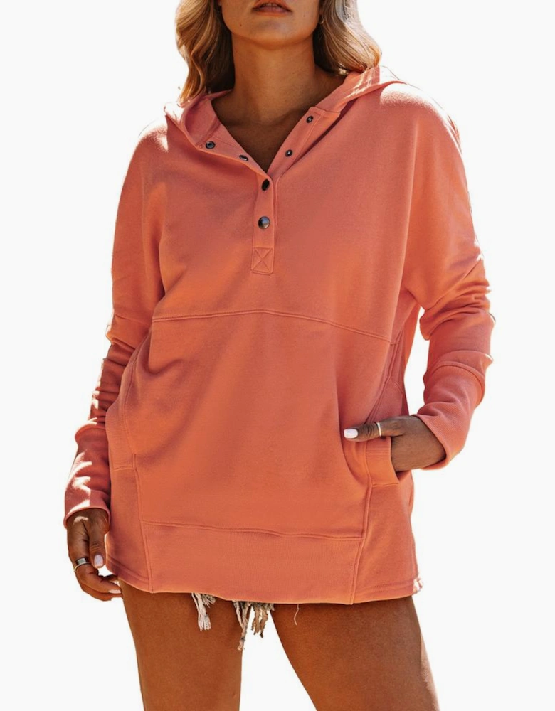 Orange Batwing Sleeve Pocketed Henley Hoodie