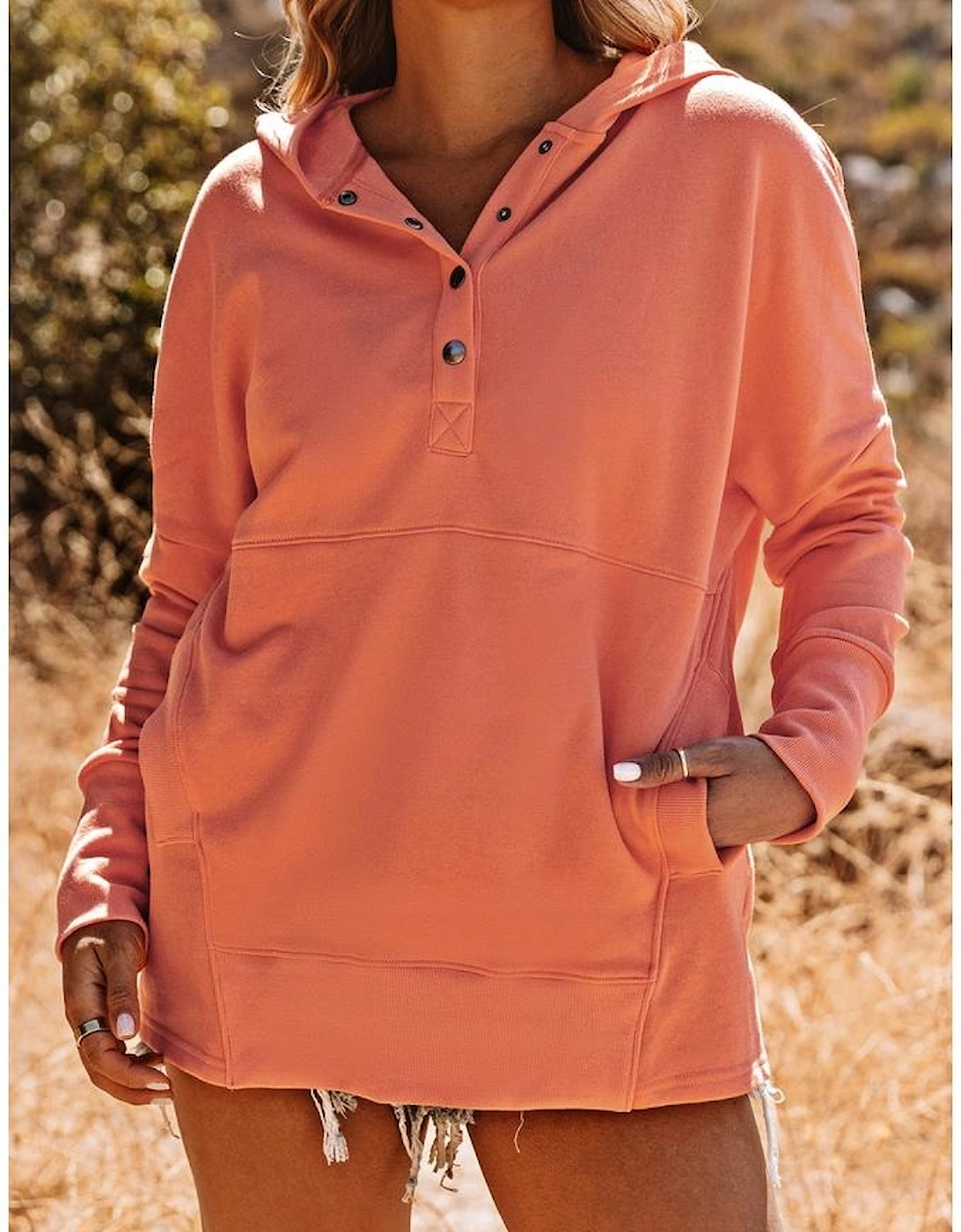 Orange Batwing Sleeve Pocketed Henley Hoodie