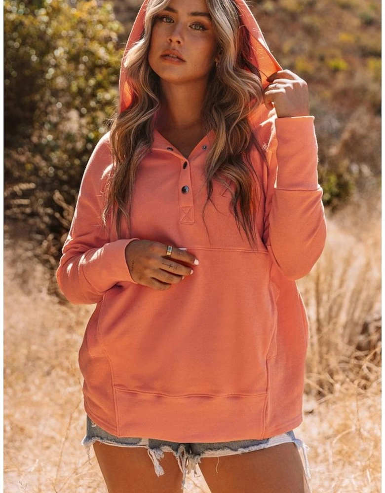 Orange Batwing Sleeve Pocketed Henley Hoodie