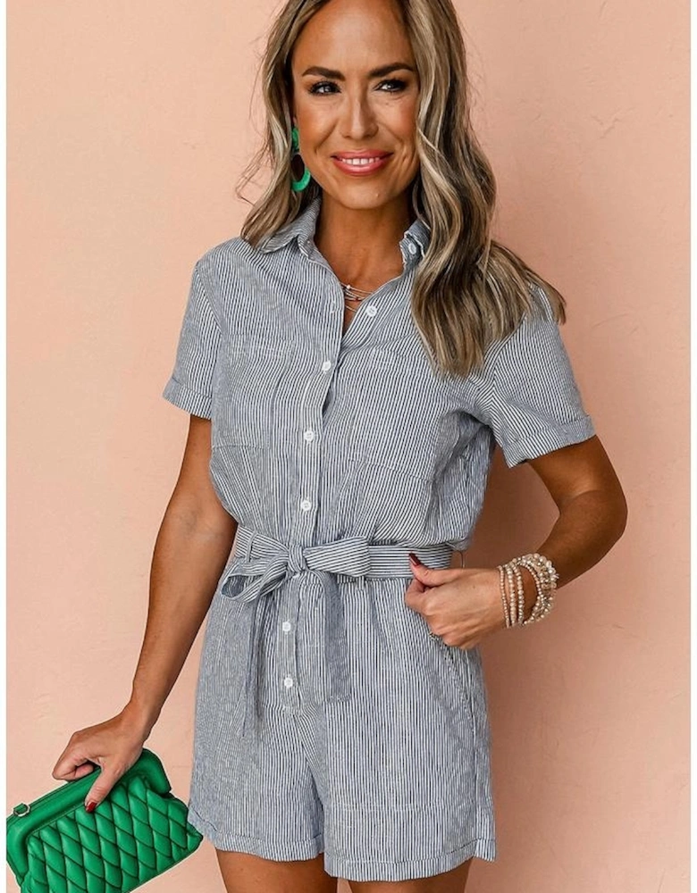 Blue Stripe Chest Pockets Buttoned Belted High Waist Romper