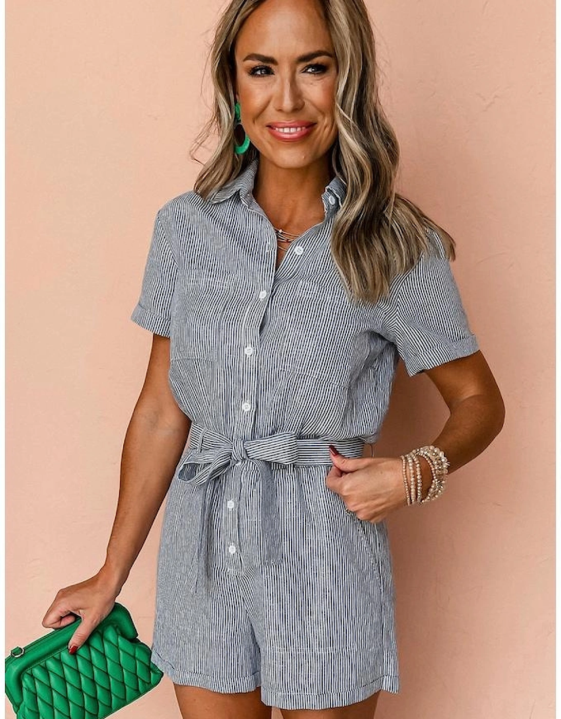 Blue Stripe Chest Pockets Buttoned Belted High Waist Romper