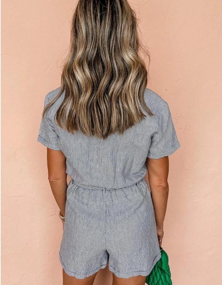 Blue Stripe Chest Pockets Buttoned Belted High Waist Romper