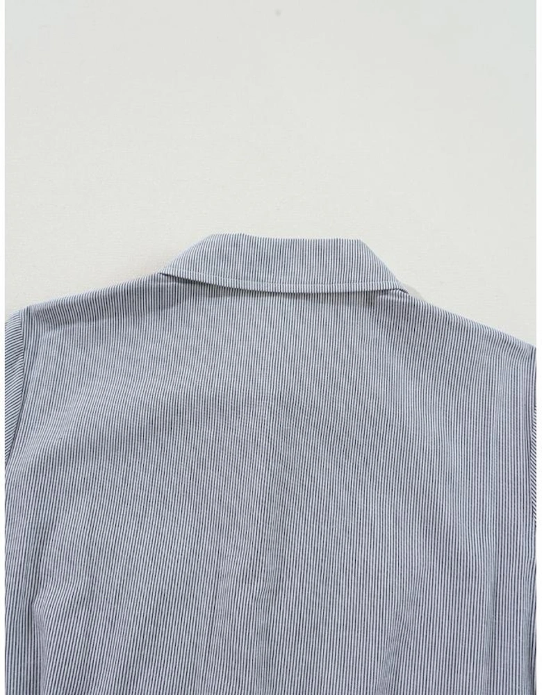 Blue Stripe Chest Pockets Buttoned Belted High Waist Romper