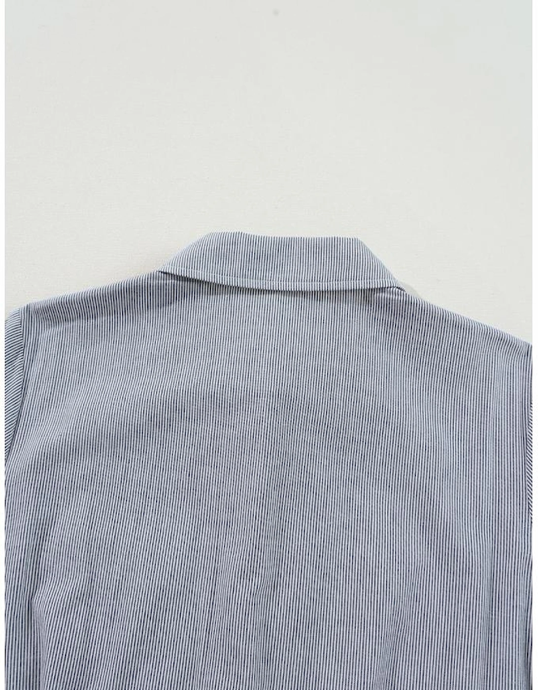 Blue Stripe Chest Pockets Buttoned Belted High Waist Romper