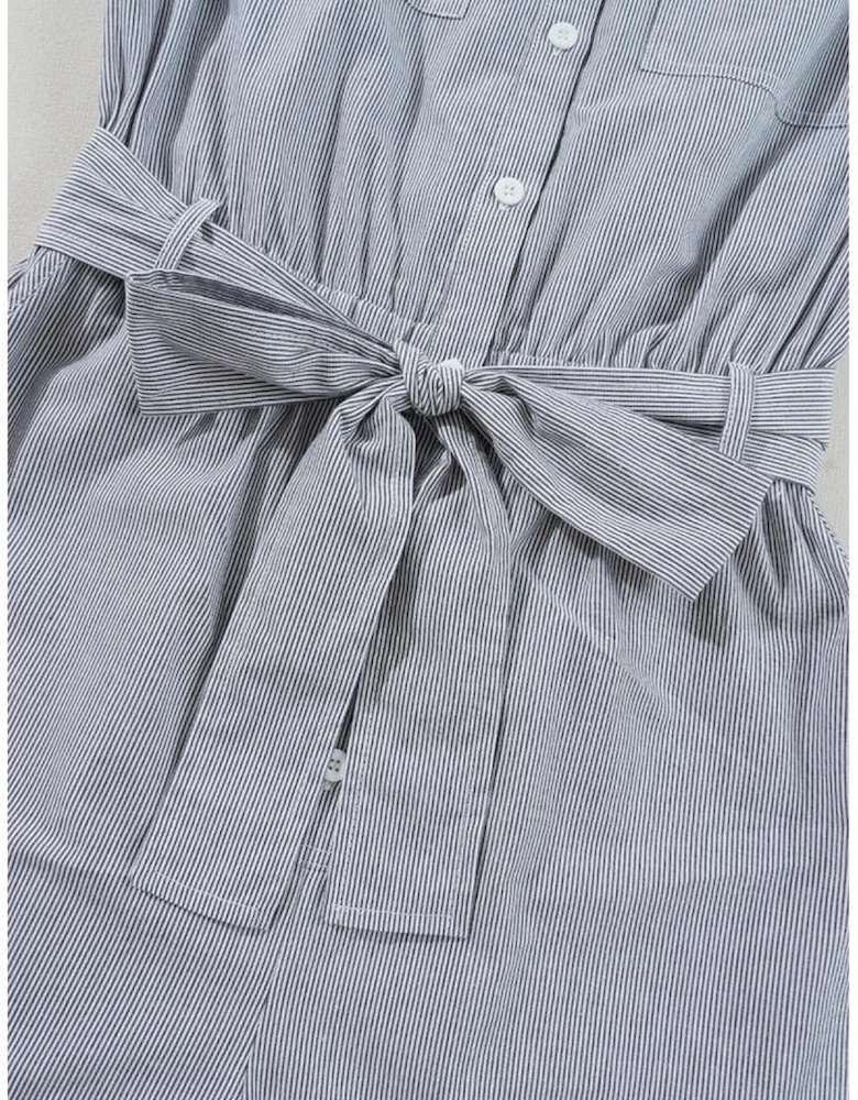 Blue Stripe Chest Pockets Buttoned Belted High Waist Romper