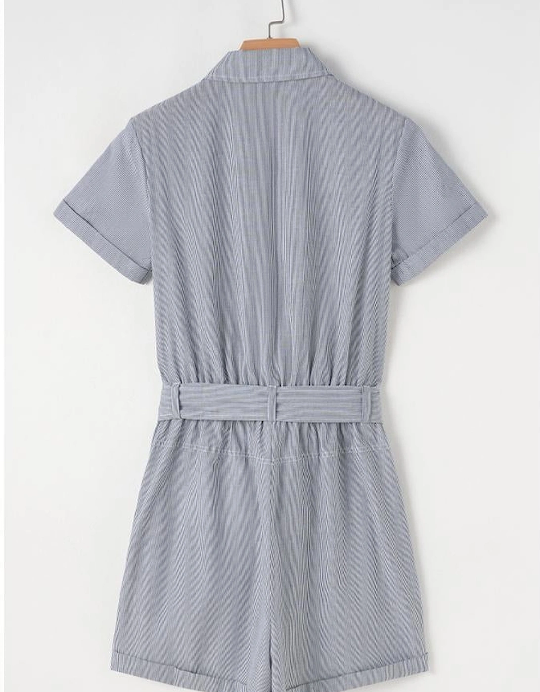 Blue Stripe Chest Pockets Buttoned Belted High Waist Romper