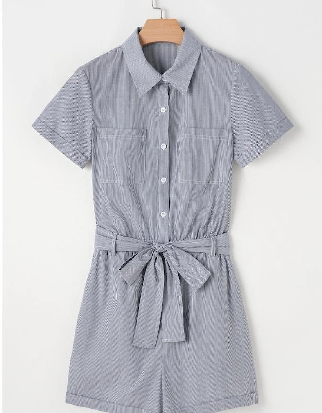 Blue Stripe Chest Pockets Buttoned Belted High Waist Romper