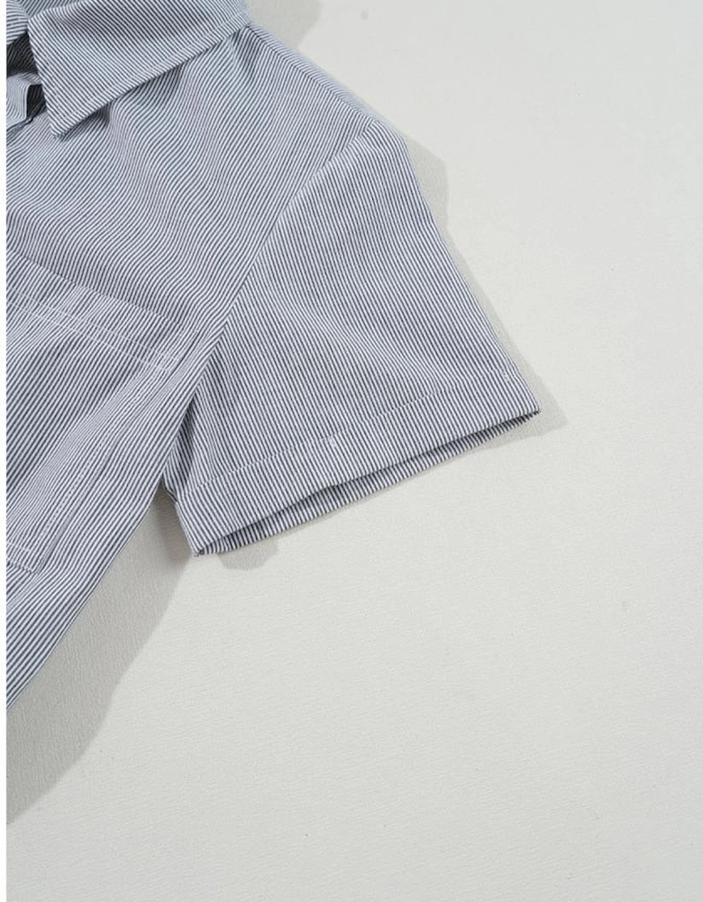 Blue Stripe Chest Pockets Buttoned Belted High Waist Romper