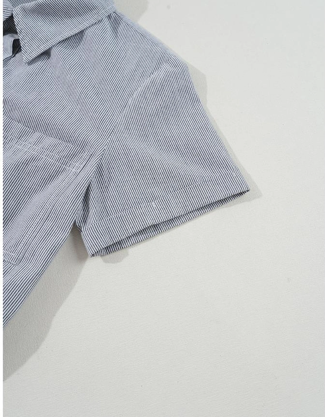 Blue Stripe Chest Pockets Buttoned Belted High Waist Romper