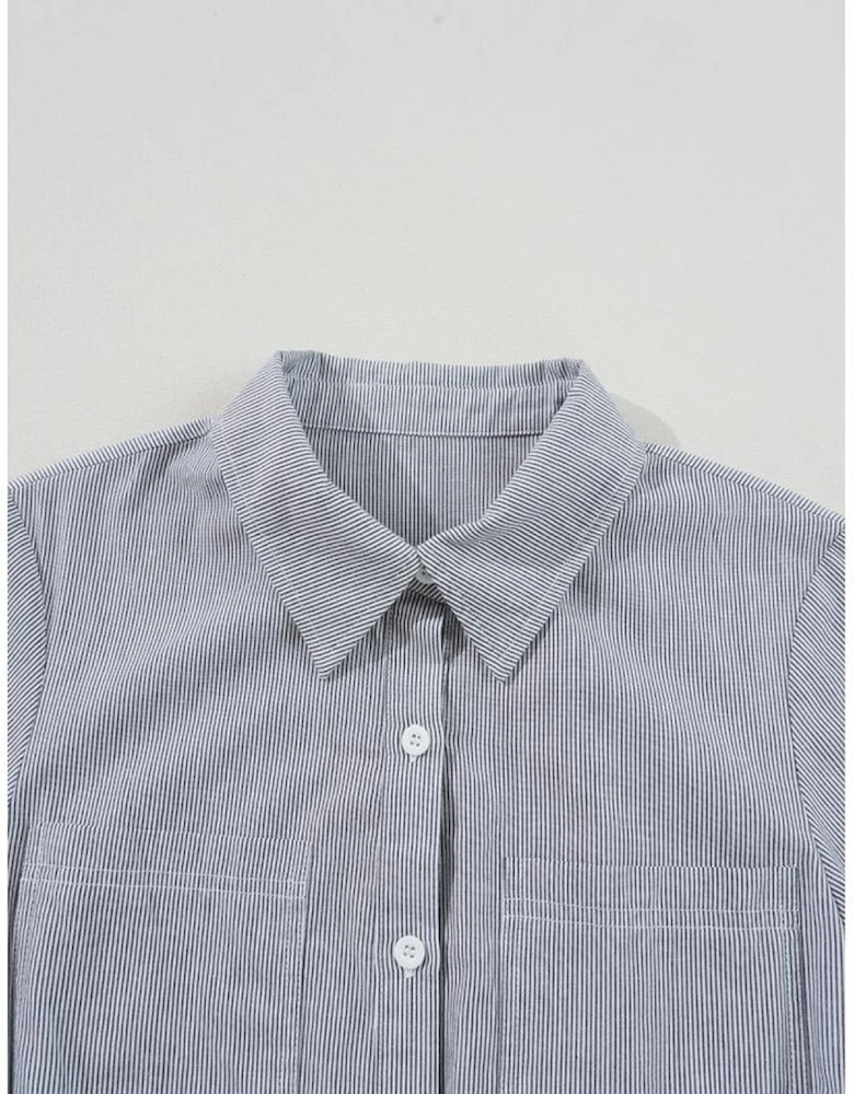 Blue Stripe Chest Pockets Buttoned Belted High Waist Romper