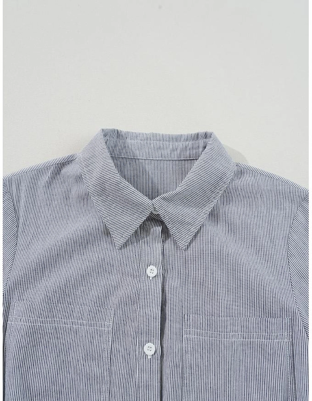 Blue Stripe Chest Pockets Buttoned Belted High Waist Romper