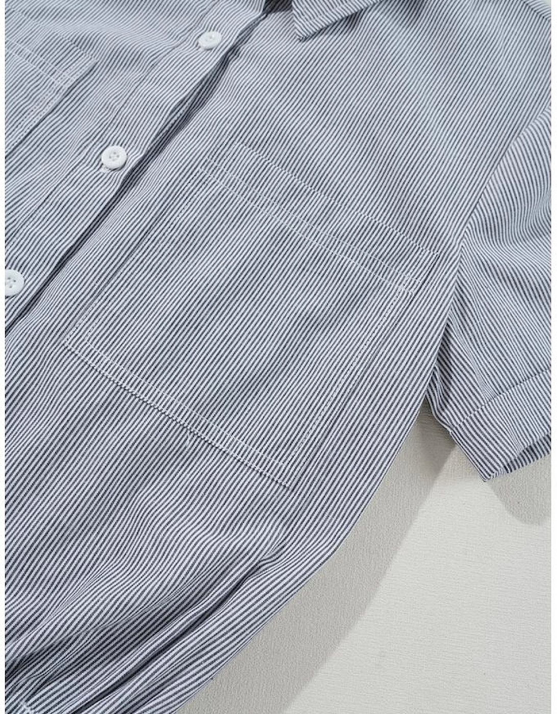 Blue Stripe Chest Pockets Buttoned Belted High Waist Romper