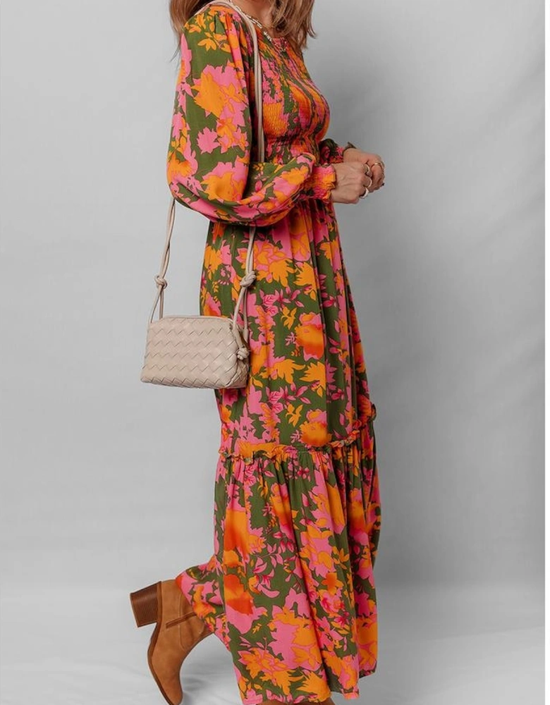Orange Floral Puff Sleeve Smocked Bodice Ruffled Long Dress