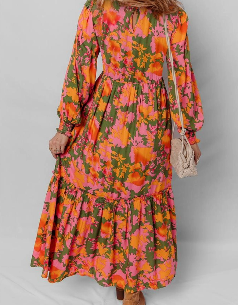 Orange Floral Puff Sleeve Smocked Bodice Ruffled Long Dress