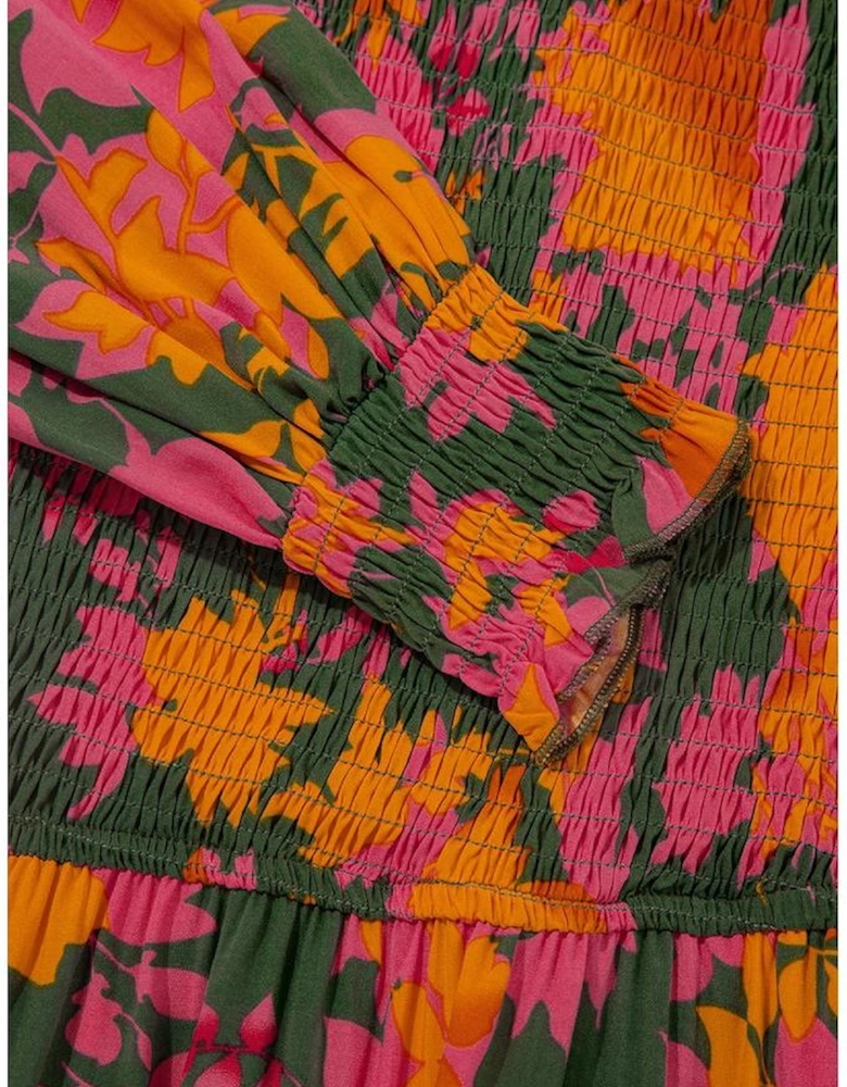 Orange Floral Puff Sleeve Smocked Bodice Ruffled Long Dress