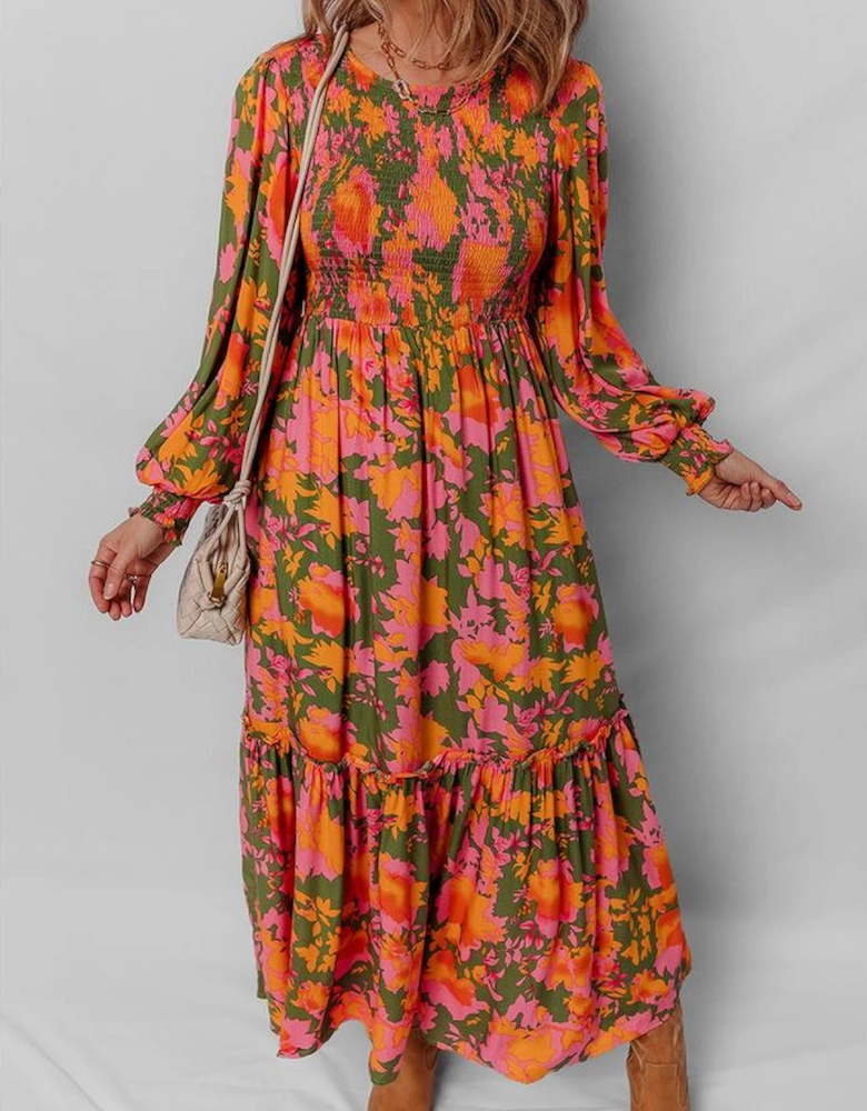 Orange Floral Puff Sleeve Smocked Bodice Ruffled Long Dress