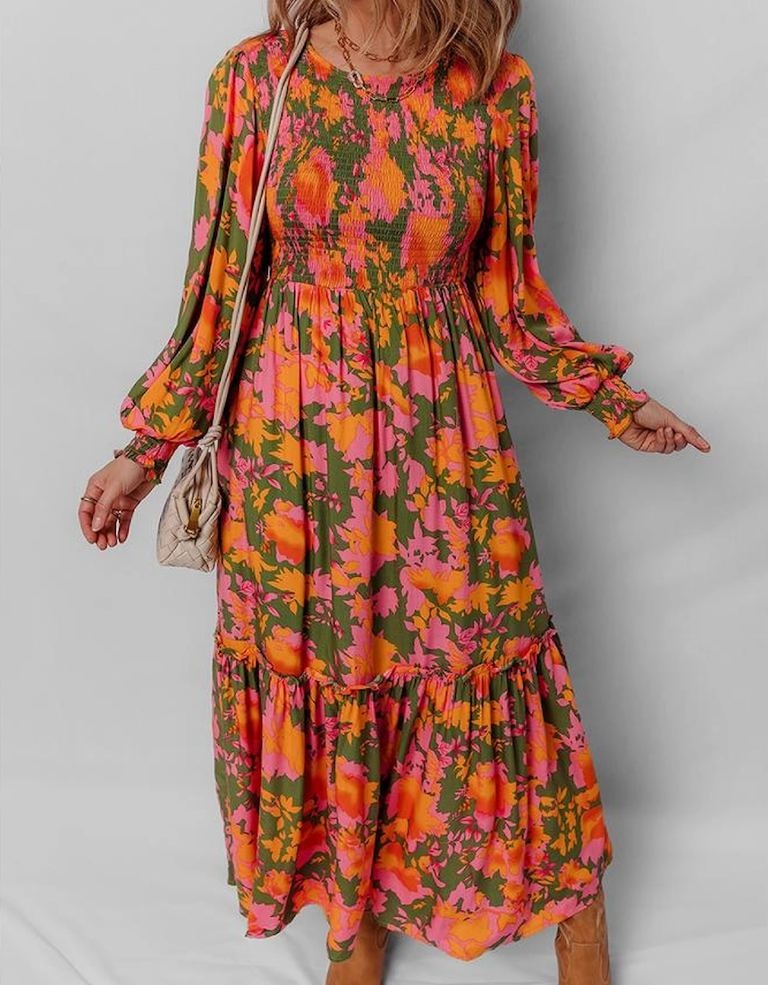 Orange Floral Puff Sleeve Smocked Bodice Ruffled Long Dress