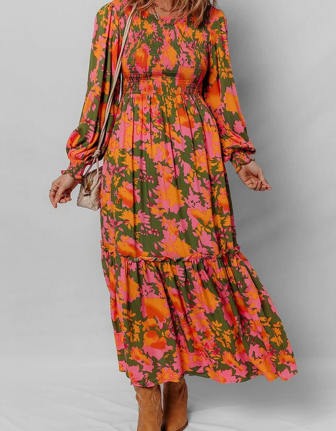 Orange Floral Puff Sleeve Smocked Bodice Ruffled Long Dress