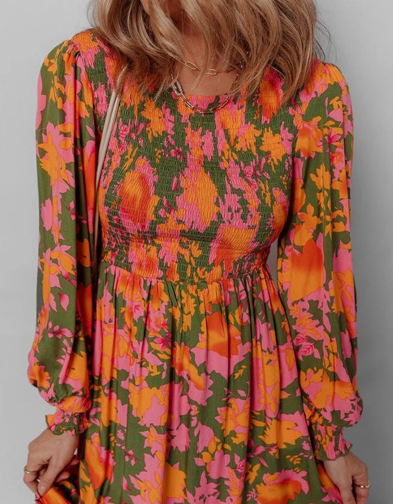 Orange Floral Puff Sleeve Smocked Bodice Ruffled Long Dress