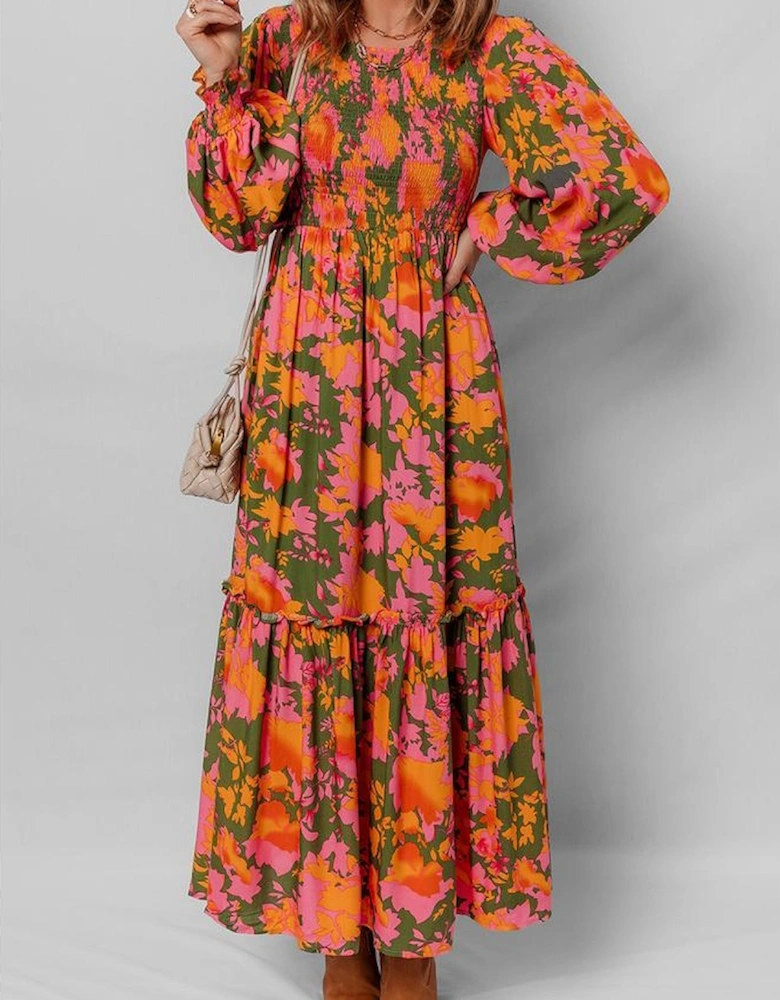 Orange Floral Puff Sleeve Smocked Bodice Ruffled Long Dress