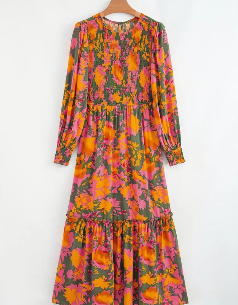 Orange Floral Puff Sleeve Smocked Bodice Ruffled Long Dress