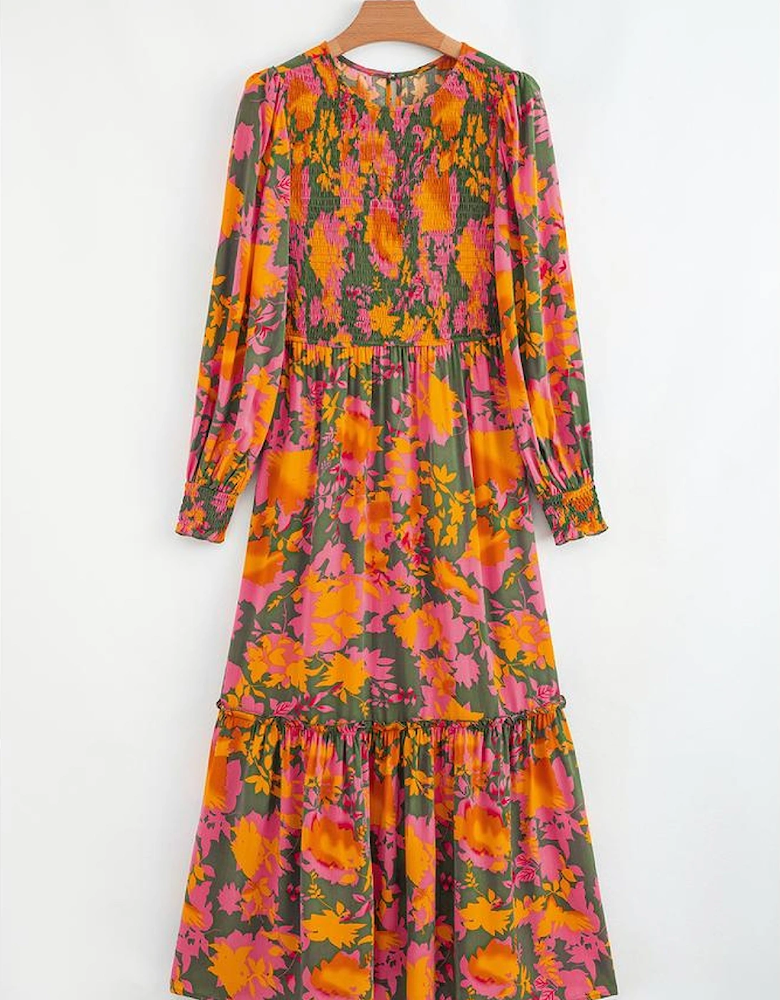 Orange Floral Puff Sleeve Smocked Bodice Ruffled Long Dress