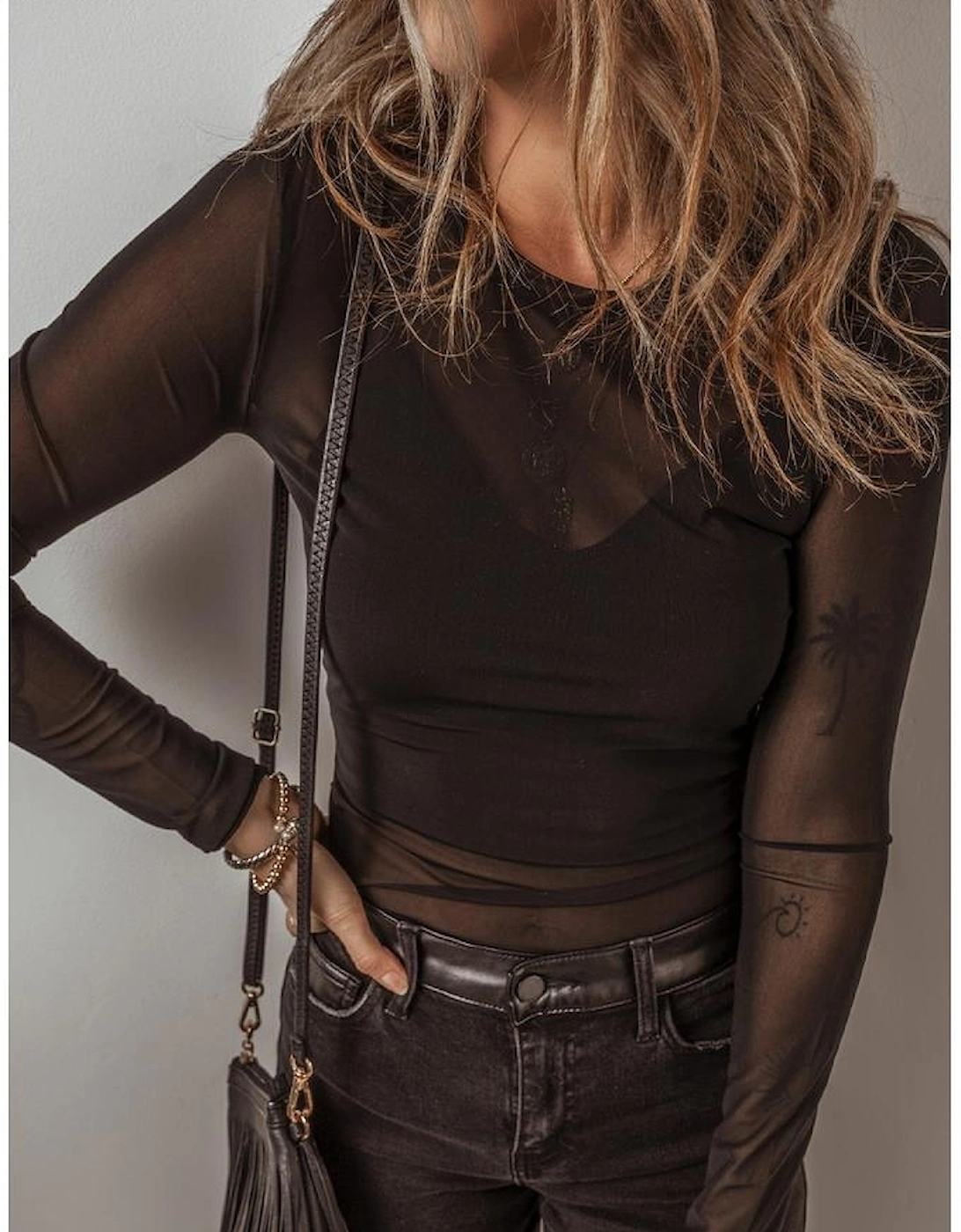 Black Mesh Long Sleeve Slim Fit Bodysuit