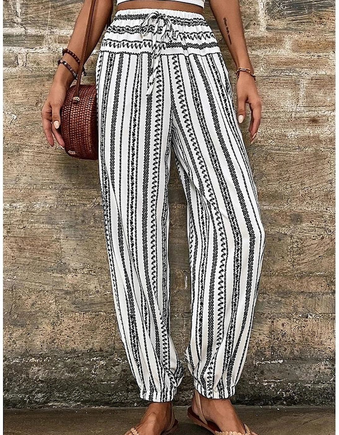 Black Stripe Boho Striped Print Casual Pants, 5 of 4