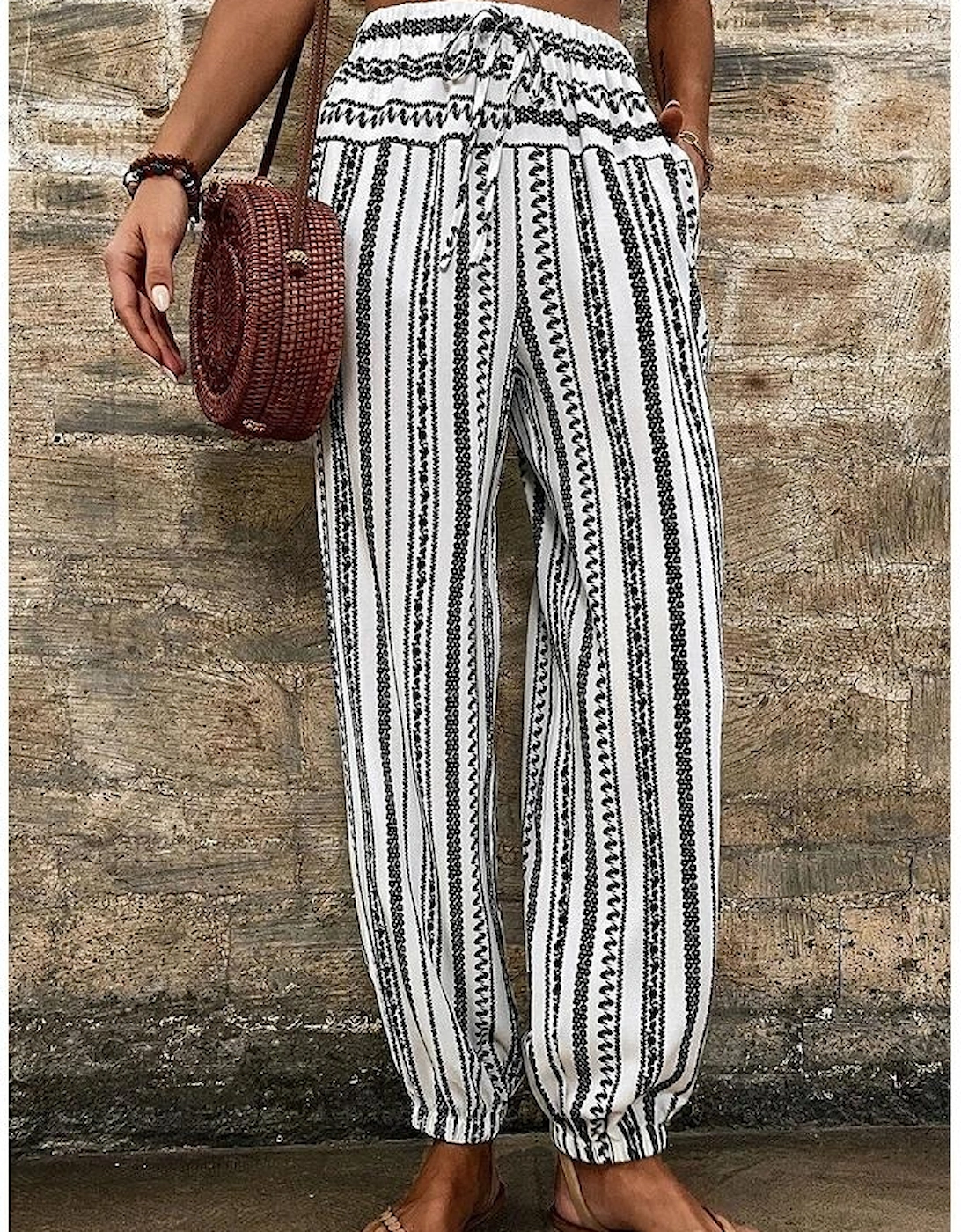 Black Stripe Boho Striped Print Casual Pants