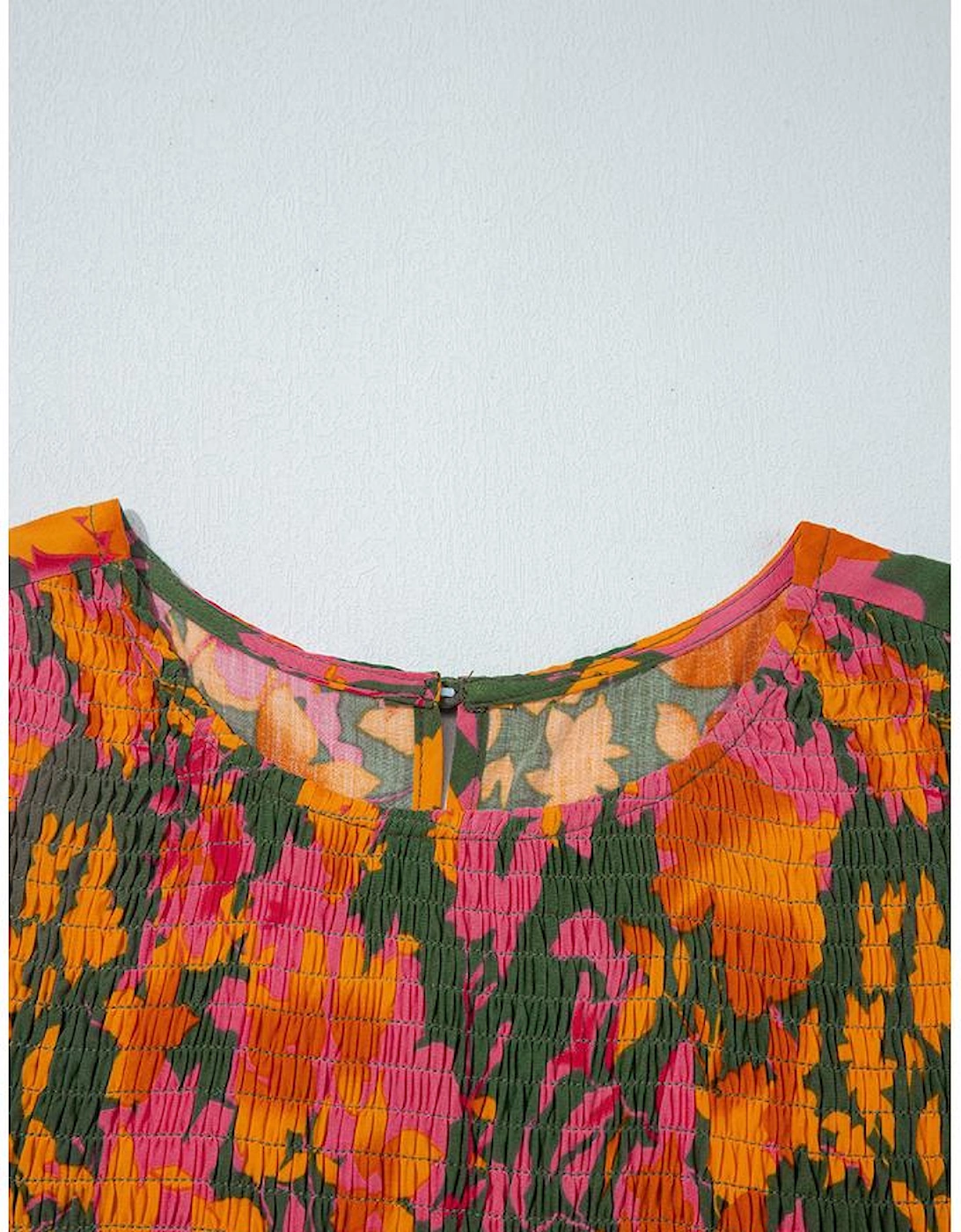 Orange Floral Puff Sleeve Smocked Bodice Ruffled Long Dress