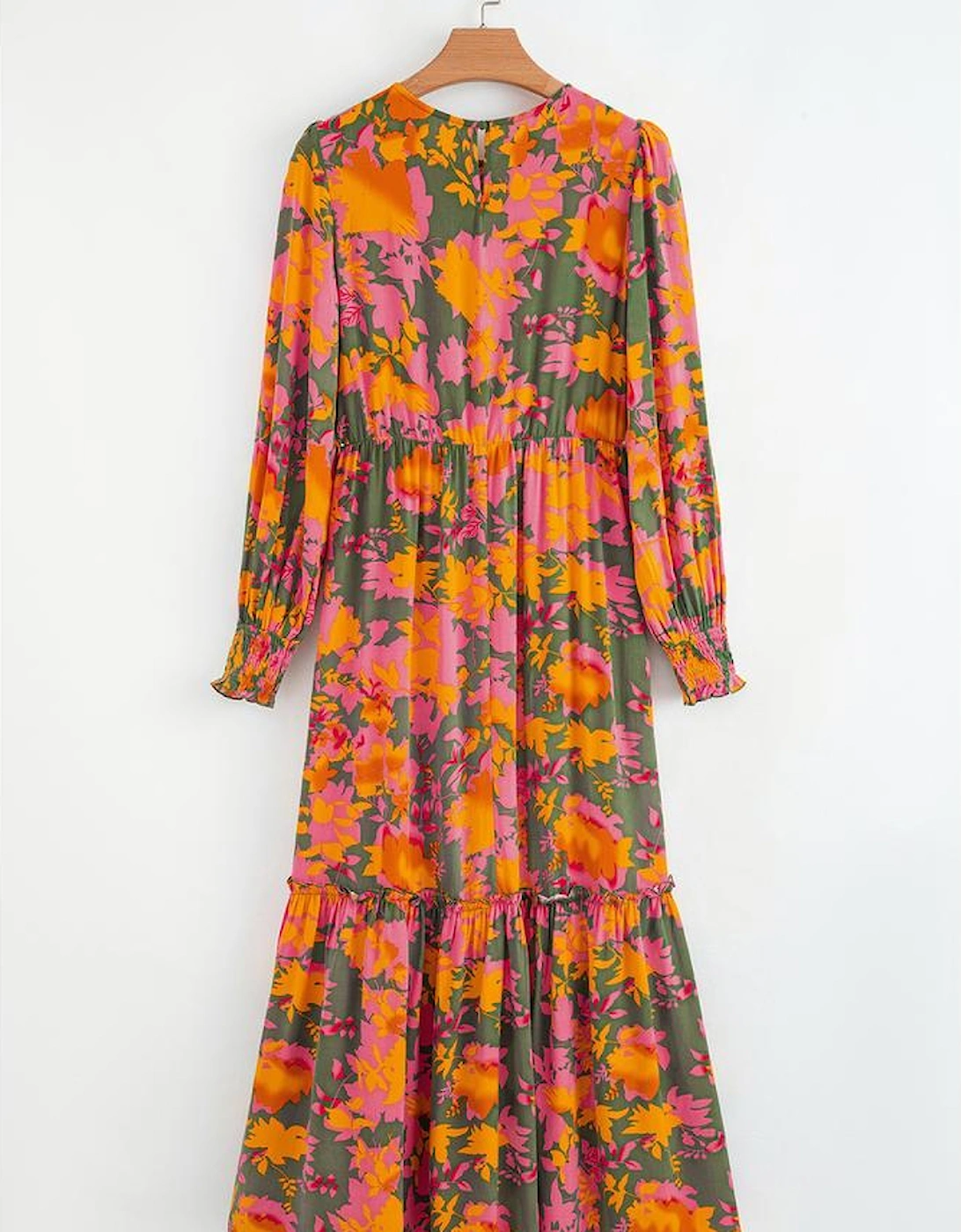 Orange Floral Puff Sleeve Smocked Bodice Ruffled Long Dress