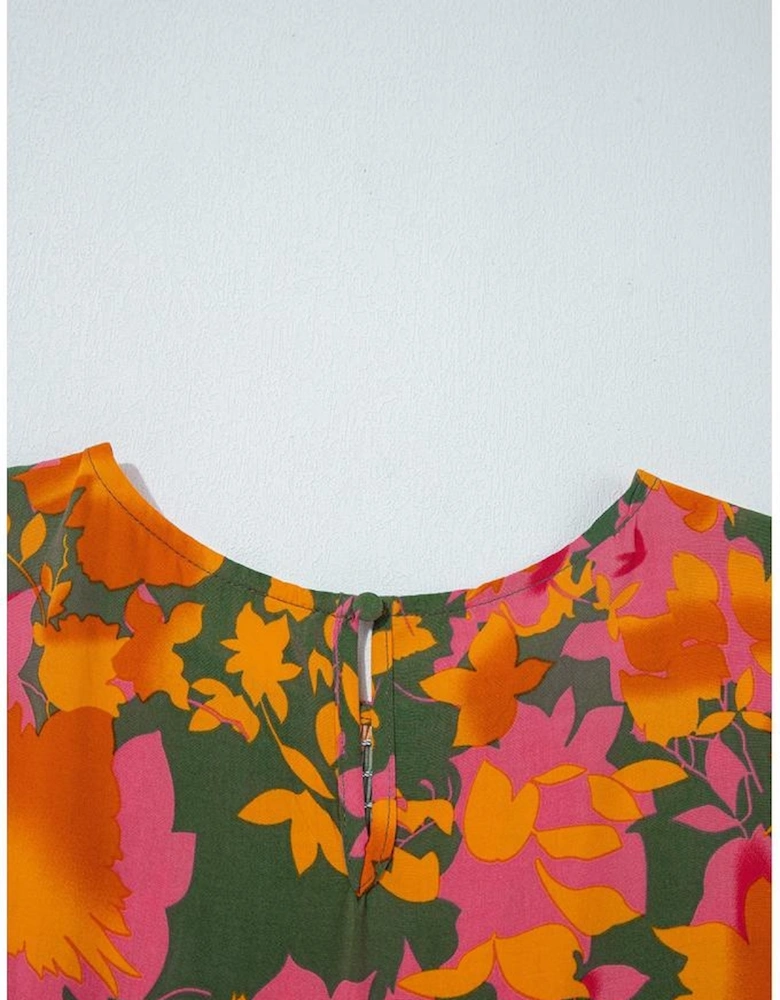 Orange Floral Puff Sleeve Smocked Bodice Ruffled Long Dress