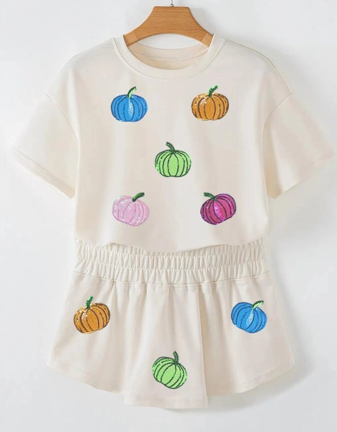 Beige Multicolor Sequin Pumpkin Cropped Tee Loose 2pcs Skort Set