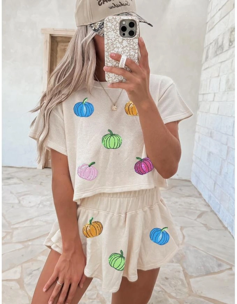 Beige Multicolor Sequin Pumpkin Cropped Tee Loose 2pcs Skort Set