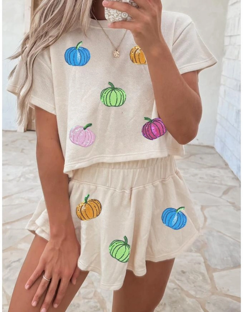 Beige Multicolor Sequin Pumpkin Cropped Tee Loose 2pcs Skort Set