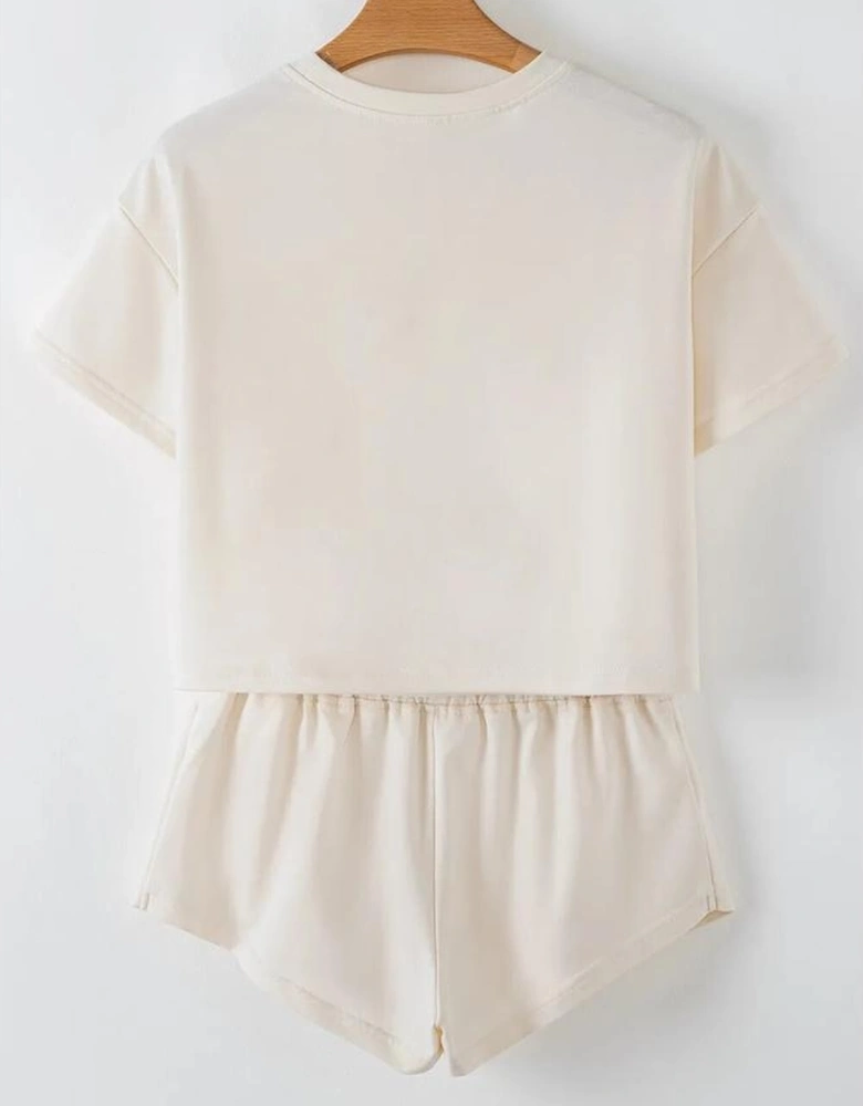 Beige Multicolor Sequin Pumpkin Cropped Tee Loose 2pcs Skort Set