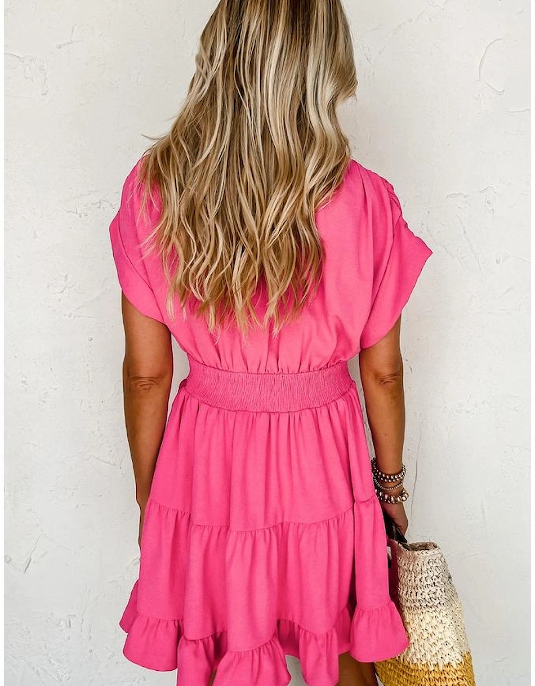 Strawberry Pink Ruched Sleeve V Neck Smock Waist Tiered Ruffled Dress