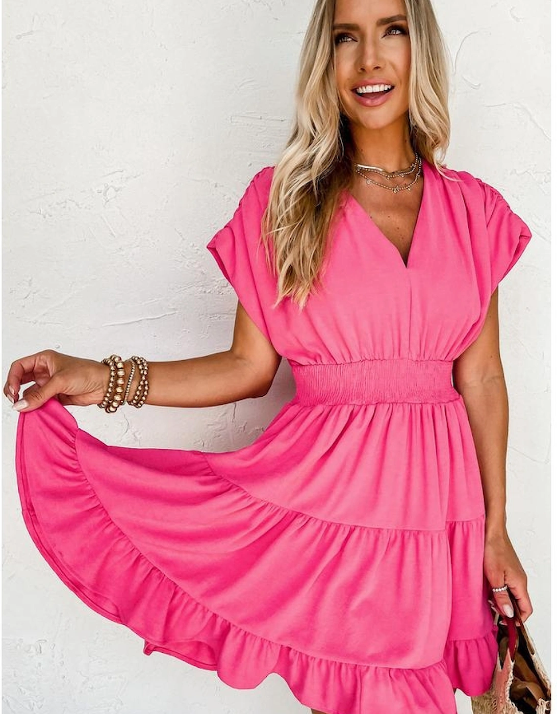 Strawberry Pink Ruched Sleeve V Neck Smock Waist Tiered Ruffled Dress