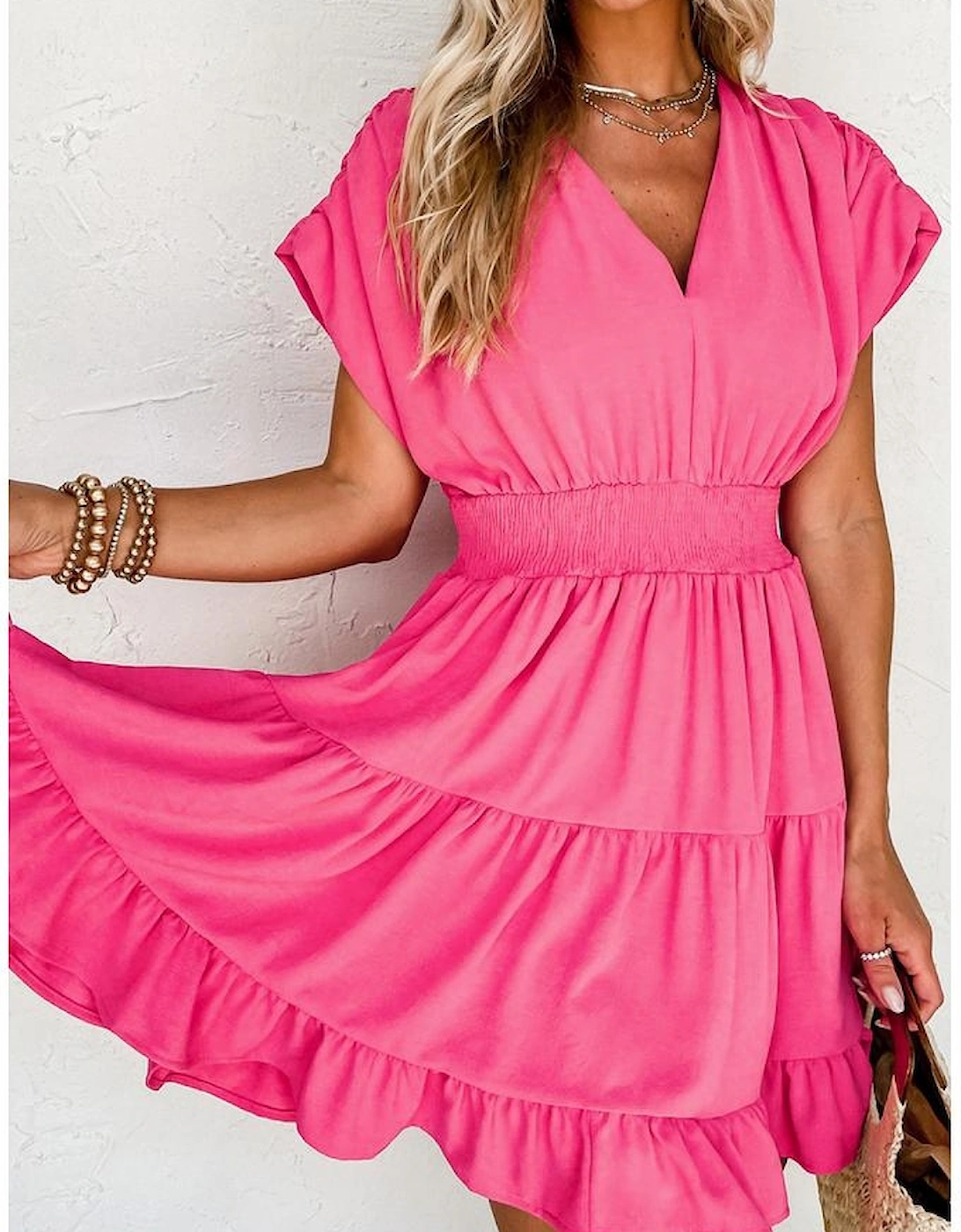 Strawberry Pink Ruched Sleeve V Neck Smock Waist Tiered Ruffled Dress, 6 of 5