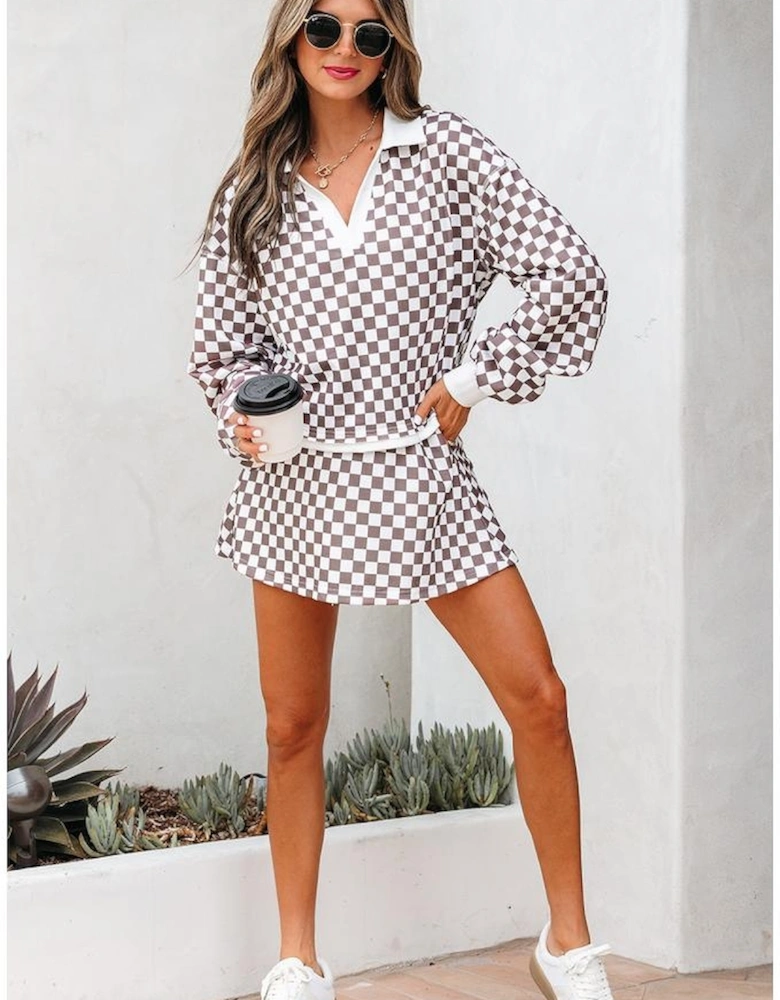 Khaki Checkered Print Polo Collar Cropped Long Sleeve Top Drawstring Mini Skirt Set