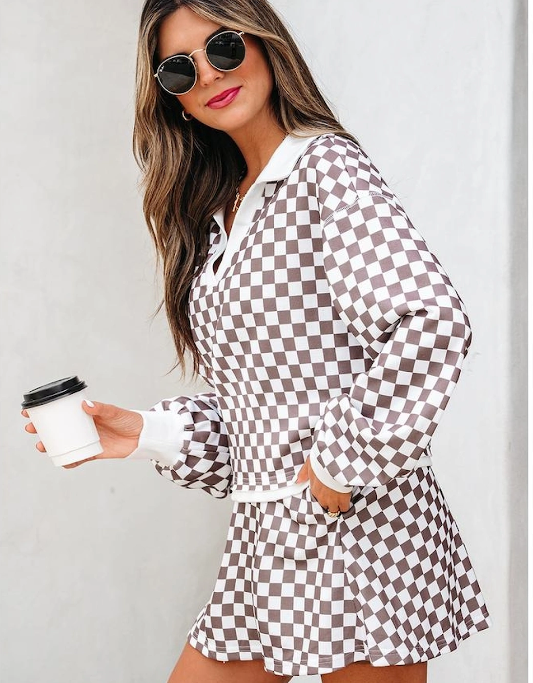 Khaki Checkered Print Polo Collar Cropped Long Sleeve Top Drawstring Mini Skirt Set