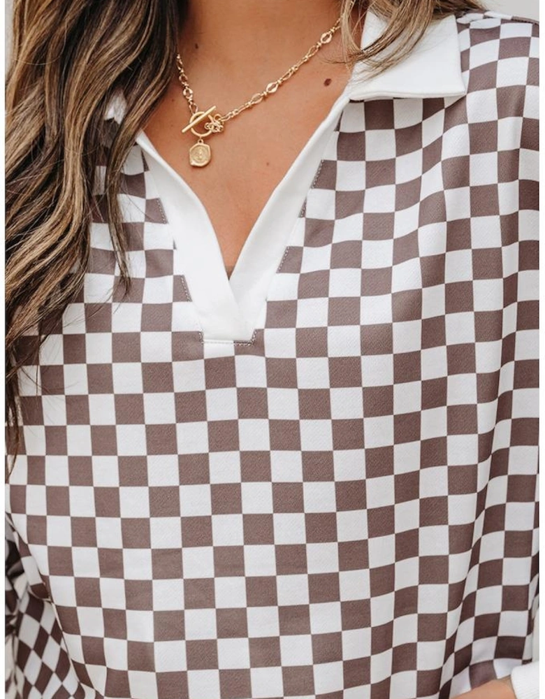 Khaki Checkered Print Polo Collar Cropped Long Sleeve Top Drawstring Mini Skirt Set