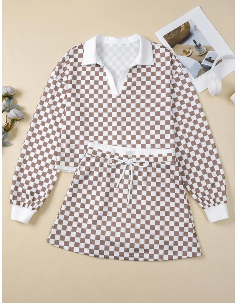 Khaki Checkered Print Polo Collar Cropped Long Sleeve Top Drawstring Mini Skirt Set