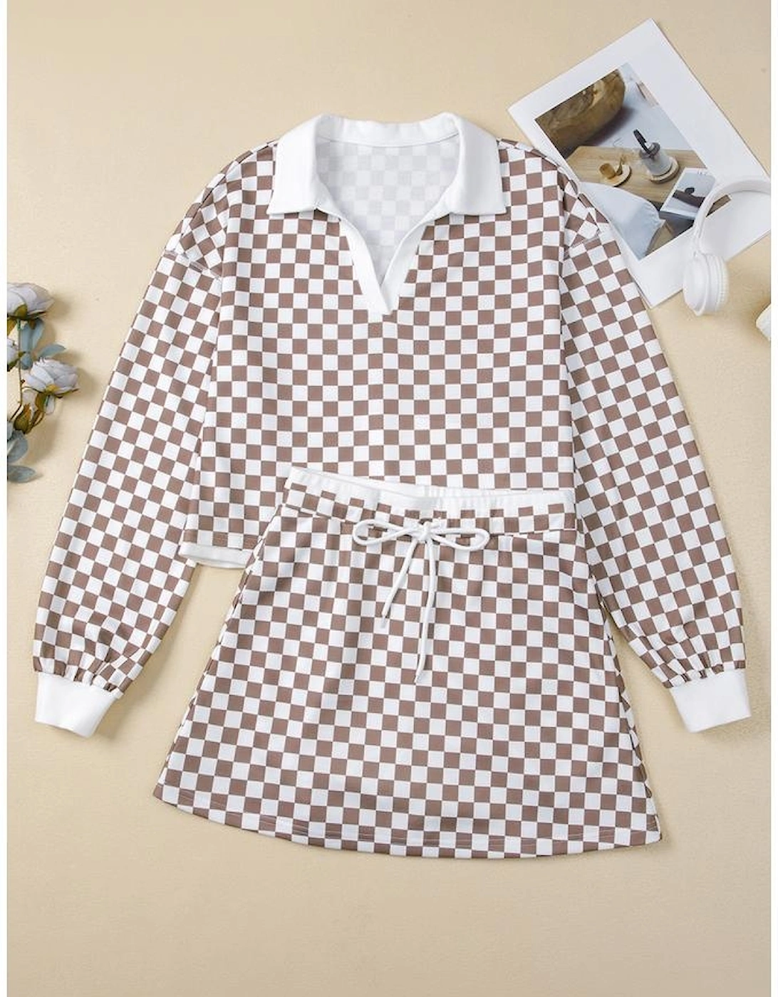 Khaki Checkered Print Polo Collar Cropped Long Sleeve Top Drawstring Mini Skirt Set