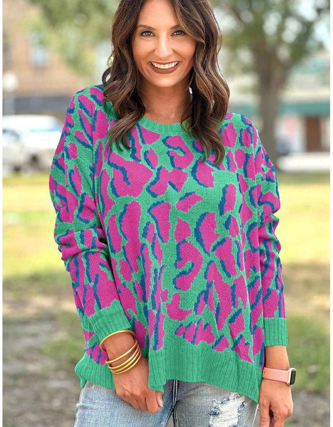 Green Abstract Print Ribbed Trim Baggy Sweater, 4 of 3