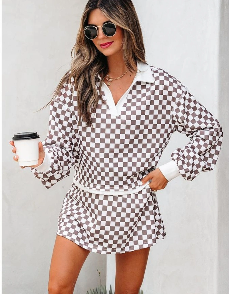 Khaki Checkered Print Polo Collar Cropped Long Sleeve Top Drawstring Mini Skirt Set