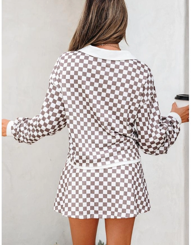 Khaki Checkered Print Polo Collar Cropped Long Sleeve Top Drawstring Mini Skirt Set
