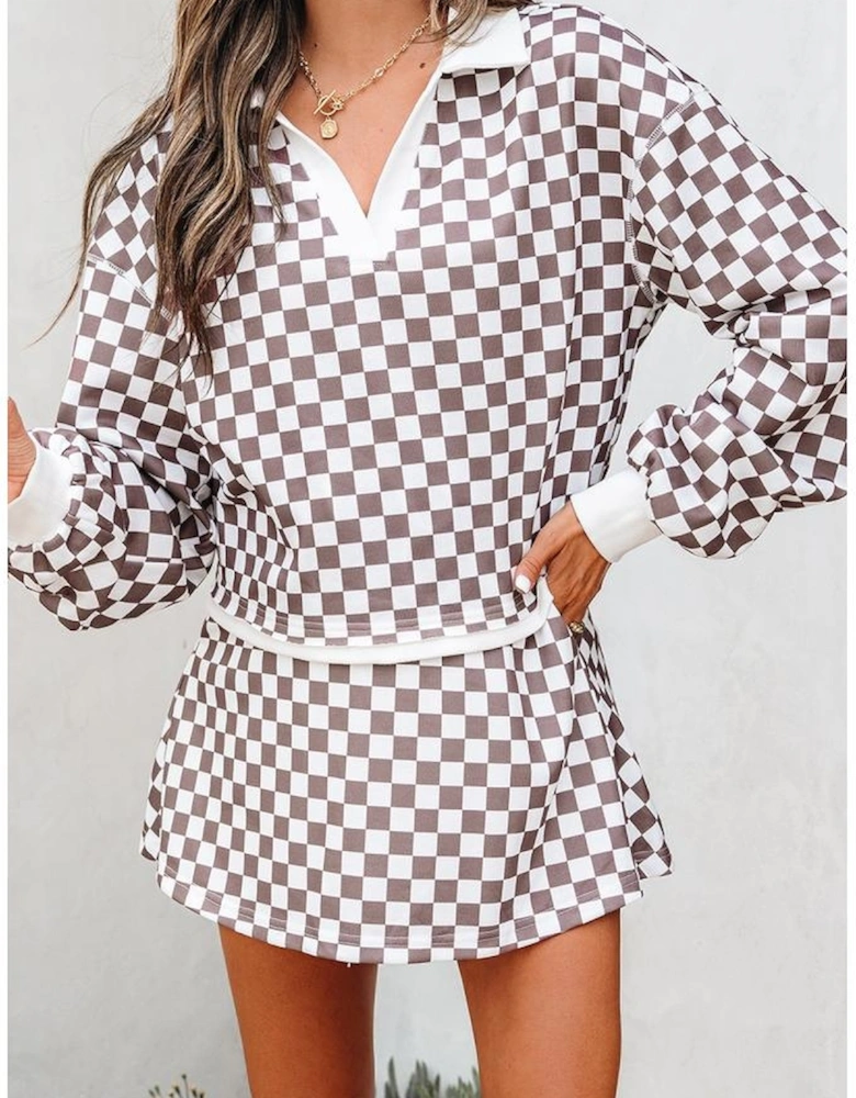 Khaki Checkered Print Polo Collar Cropped Long Sleeve Top Drawstring Mini Skirt Set