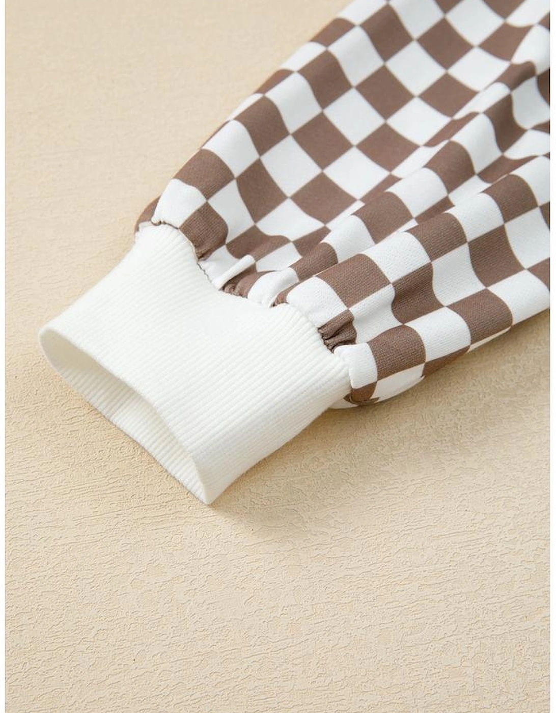 Khaki Checkered Print Polo Collar Cropped Long Sleeve Top Drawstring Mini Skirt Set